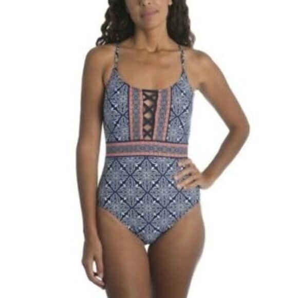 NWOT LaBlanca Printed One Piece Swimsuit Size 6 black orange white gold - Picture 1 of 6